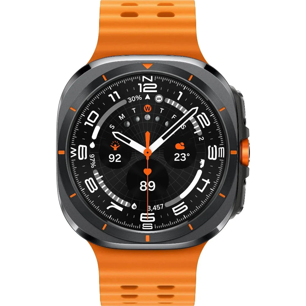 Samsung Watch Ultra 47mm partially submerged in water to illustrate 10 ATM and IP68 water resistance.