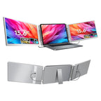 Trion 15.6-inch 360° trifold monitor connected to a 15‑inch laptop, showing code editor, preview and console across three screens.