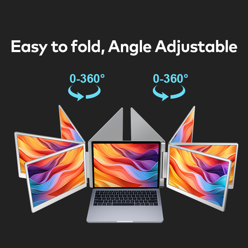 Trion 15.6-inch 360° trifold monitor folded into a compact position next to a closed laptop to show portable size.
