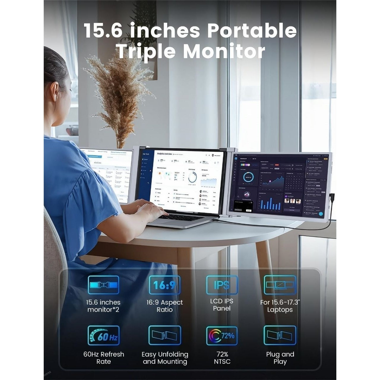 15.6 inch Dual Portable Trifold Monitor 1080P IPS FHD Monitor Screen Extender For Laptop - Space Grey (AU Version) Trion
