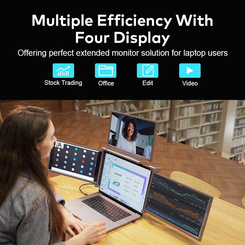 Trion 16" FHD Quad Screen used with a Windows laptop showing coding IDE, terminal and browser across three displays.