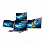 Trion 14" FHD Portable Quad Monitor mounted on a laptop showing triple‑display workspace with documents across all three screens.