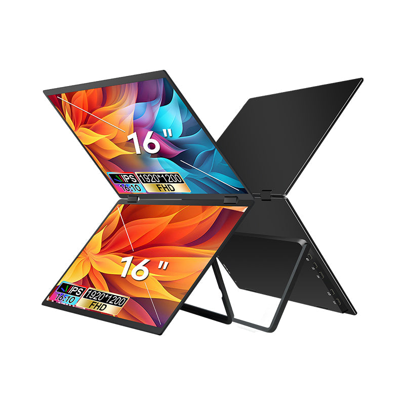 Trion 16‑inch Full HD dual monitor folded flat next to a 15‑inch laptop to demonstrate portability.
