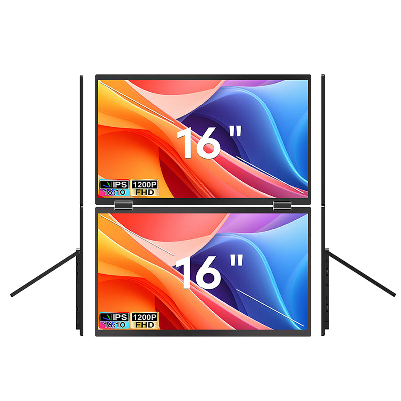 Gaming setup with Trion 16‑inch foldable dual monitor connected to a console showing game on one panel and chat on the other.