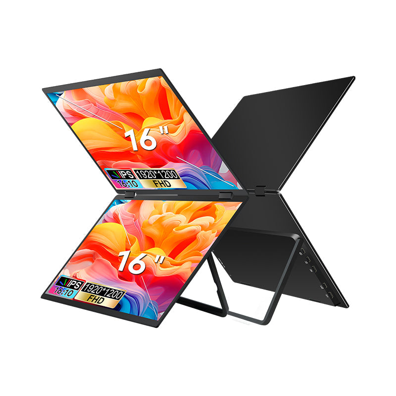 Trion 16‑inch dual portable monitor used in a hotel room as a travel workstation with laptop and mouse.