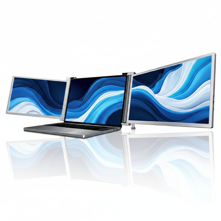15.4 inch Trifold Portable Monitor mounted on a laptop showing triple‑screen setup with documents spread across all three displays
