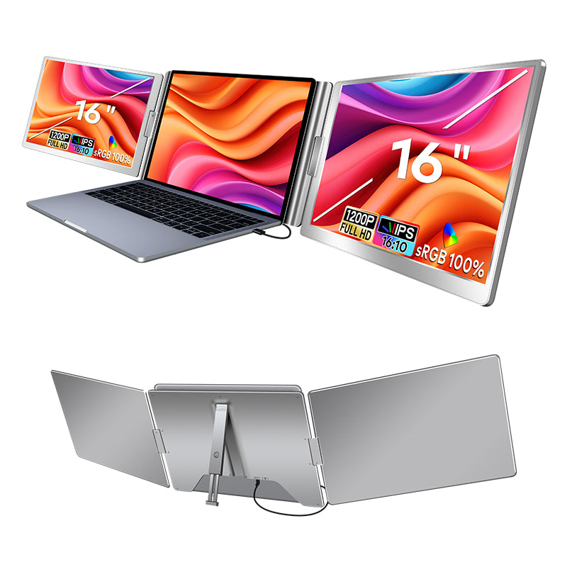 TRION TRIFOLD 16" attached to a 15‑inch laptop with both side screens angled slightly inwards.
