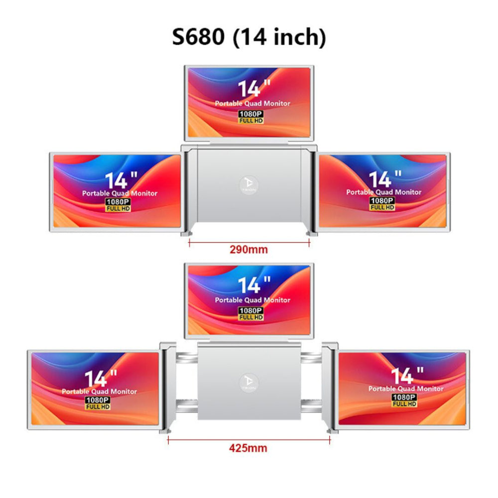 Side view of Trion 14" quad monitor with both 14‑inch panels folded out from the laptop lid.
