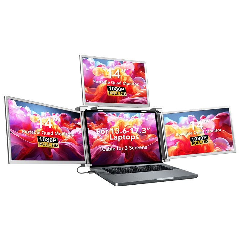 Close‑up of the Trion logo and dark/space‑grey finish on the back of the 14" quad monitor housing.