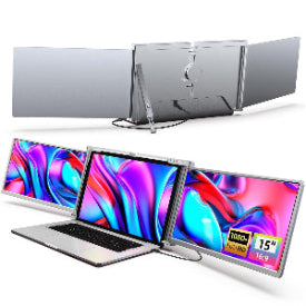 A space grey trifold portable monitor unfolded next to a laptop, displaying vibrant colors on the screen.