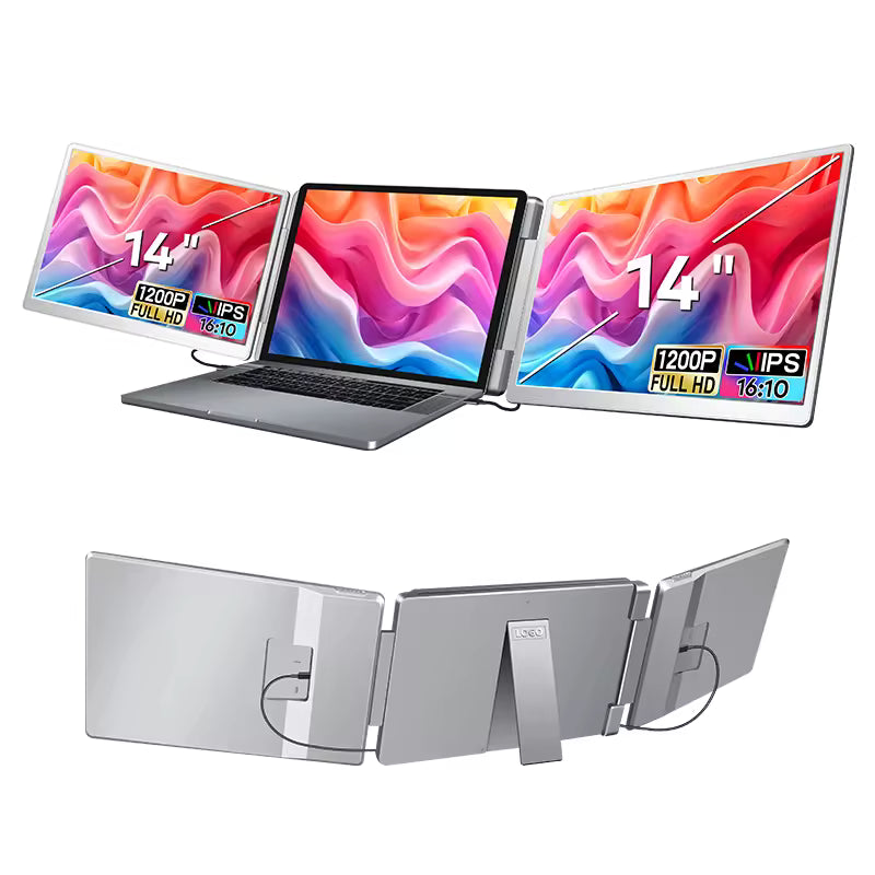 Image of the Trion 14-inch 360° trifold portable monitor in Grey on a desk with a laptop, mouse, and notebook, set up as a mobile workstation.​

