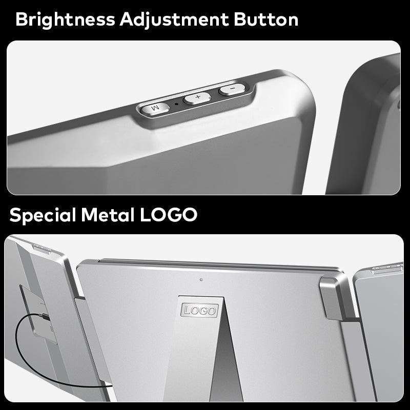 Trion 15.6-inch 360° trifold monitor with left screen rotated fully 360° for across‑desk sharing.