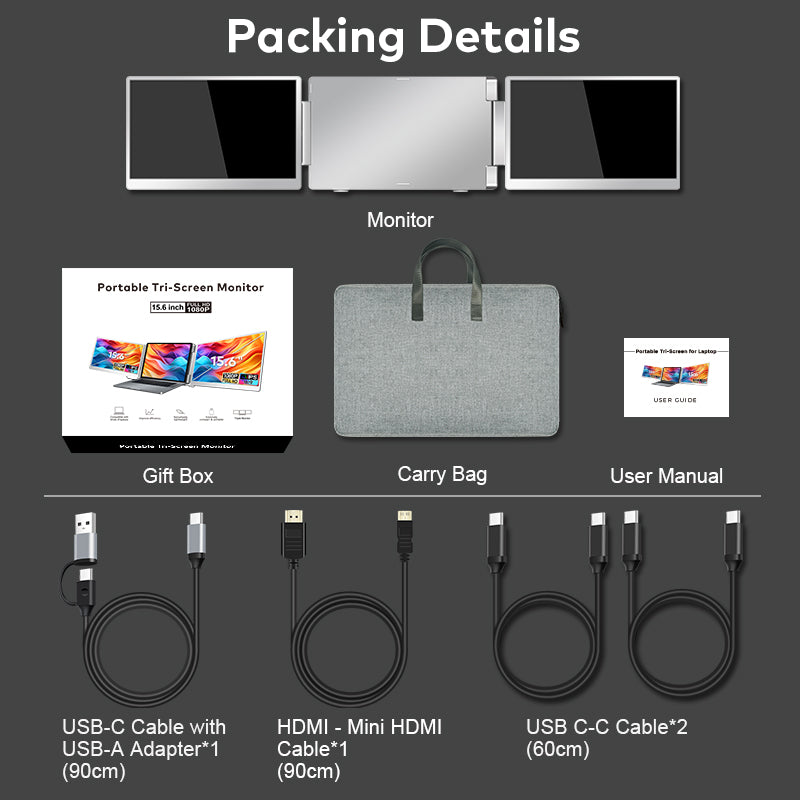 Top‑down shot of Trion 15.6-inch 360° trifold monitor, stepless stand, cables and carry bag laid out on a desk.