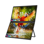 TRION-FOLDABLE MONITOR 15.6" next to tablet and smartphone in a multi‑device workspace layout

