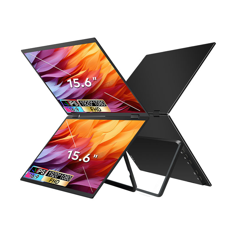 TRION-FOLDABLE MONITOR 15.6" on hotel desk beside travel laptop and mouse for business travel

