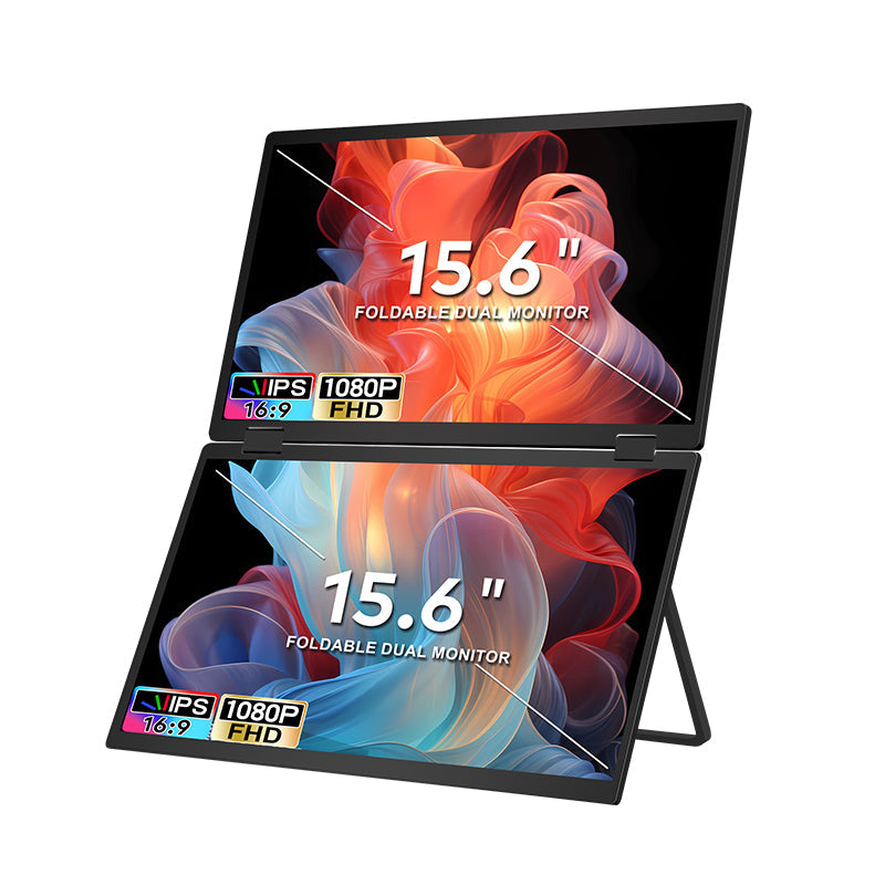 TRION-FOLDABLE MONITOR 15.6" showing photo editing software with image on one screen and tools on the other

