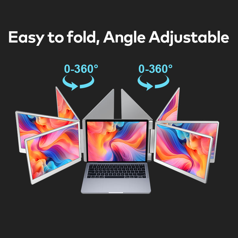 Back-angle shot of the Trion 14-inch trifold portable monitor using its stepless adjustable stand to support the laptop and monitors.