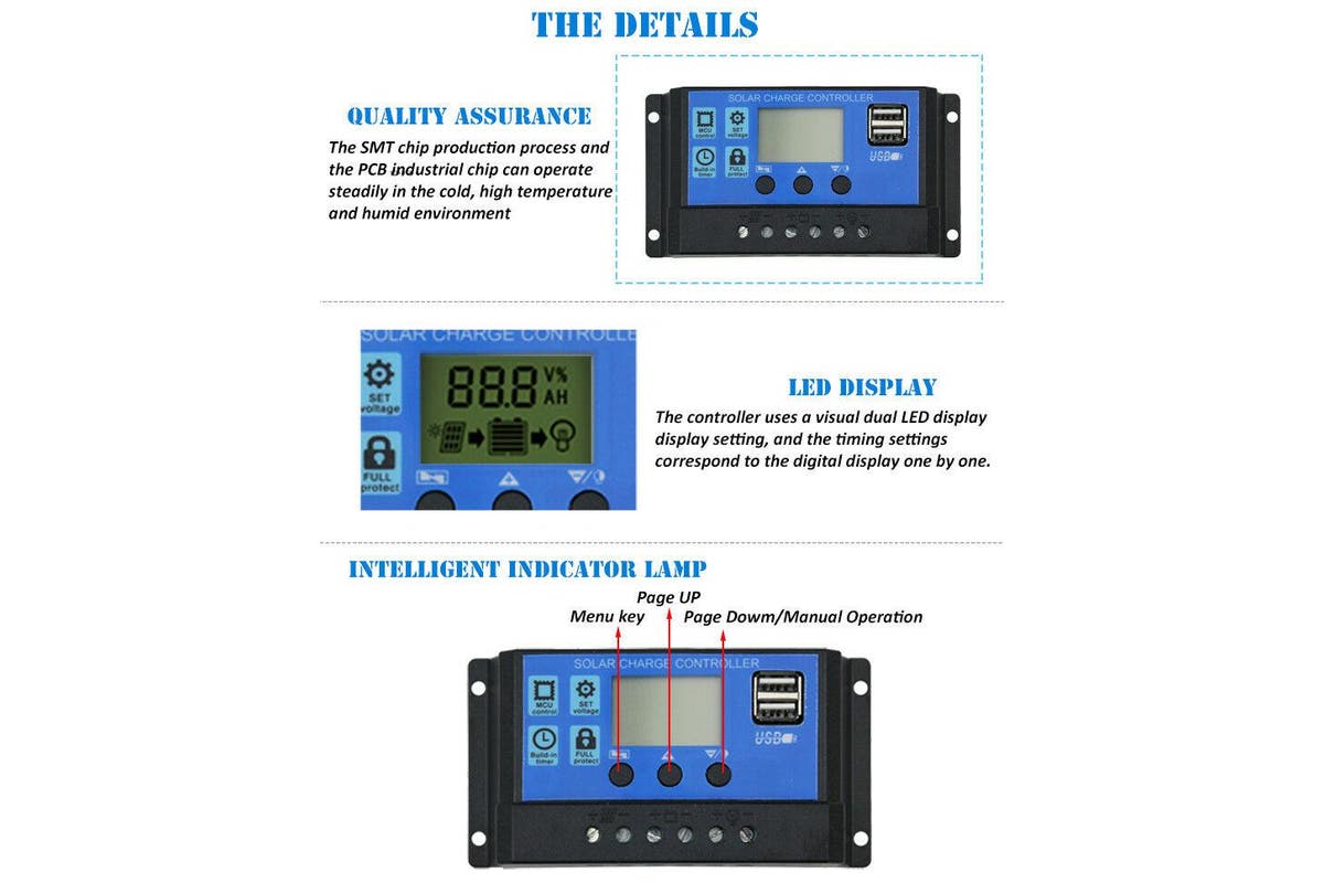 Solar Charge Controller Regulator 12V-24V 5V 2USB Port Tristar