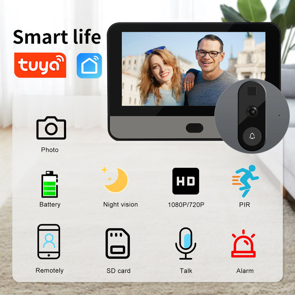 Tuya Video 1080P Wireless Lcd Monitor Video Doorbell Camera Night Vision Wifi Electronic Peephole Door Viewer with APP Control Tuya