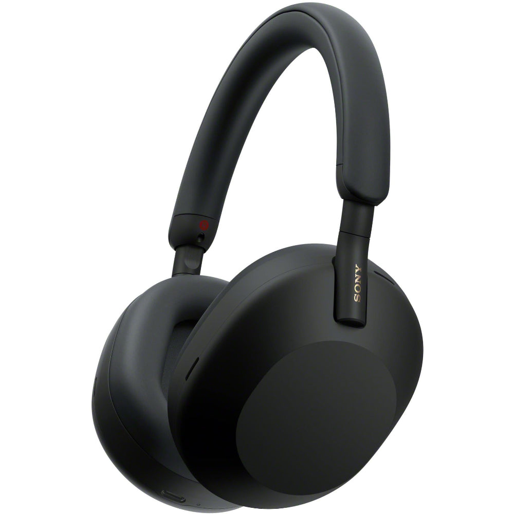 Black Sony WH-1000XM5 shown front view with earcups and headband
