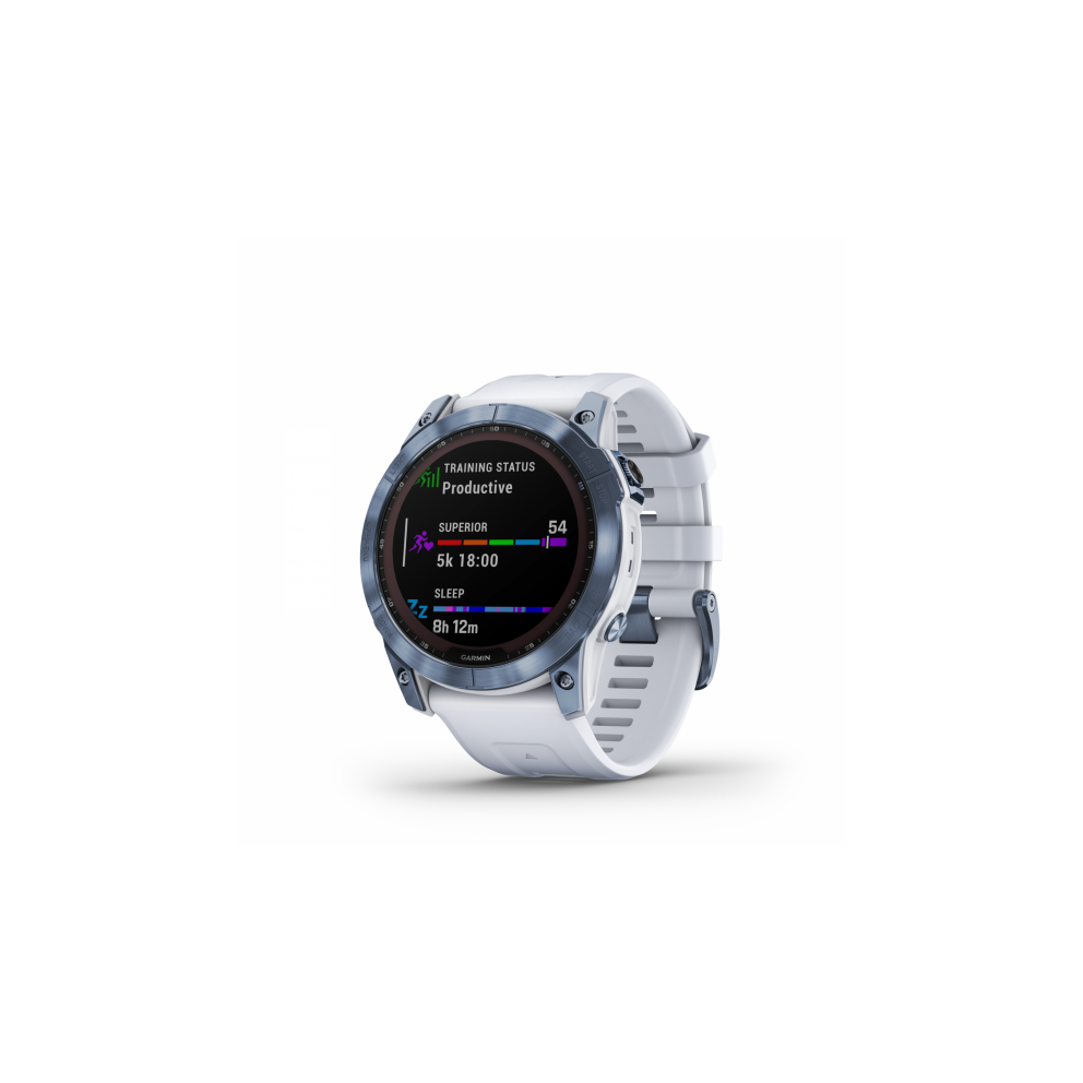 Garmin Fenix 7 Sapphire Solar Smart Watch Touchscreen - Mineral Blue DLC Titanium with Whitestone Band Garmin