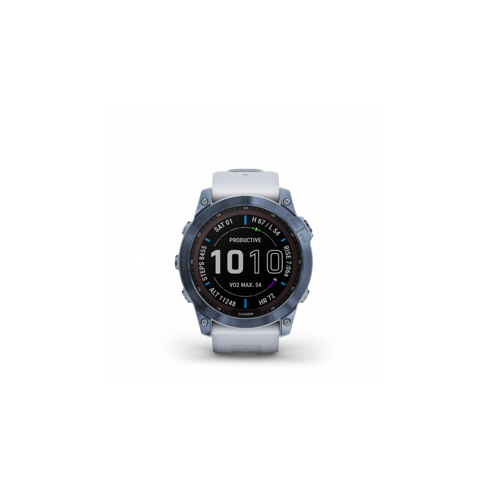 Garmin Fenix 7 Sapphire Solar Smart Watch Touchscreen - Mineral Blue DLC Titanium with Whitestone Band Garmin