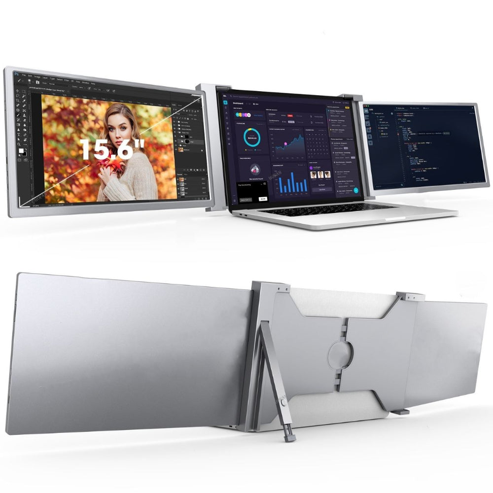 Close‑up of HD, Type‑C and USB‑C ports on the side of the 15.6 inch trifold monitor chassis.