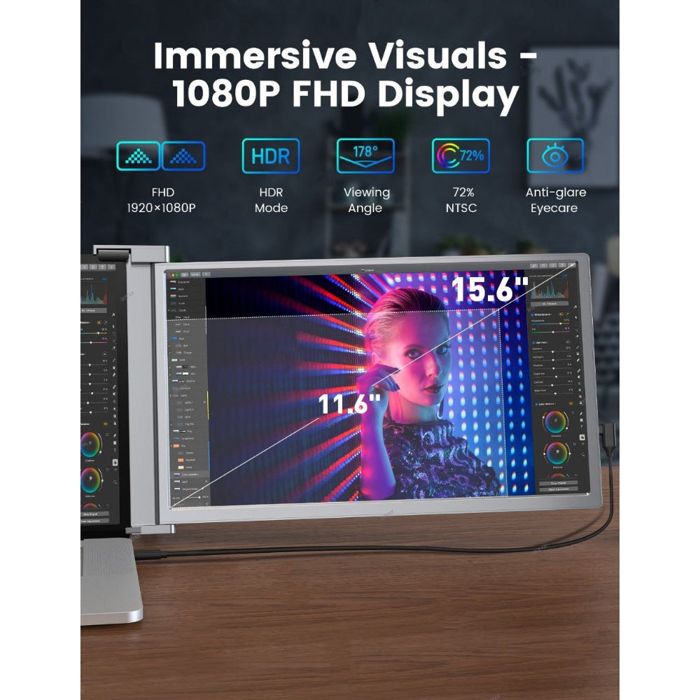 Folded 15.6 inch Dual Portable Trifold Monitor lying next to a closed laptop to illustrate Space Grey portable design.