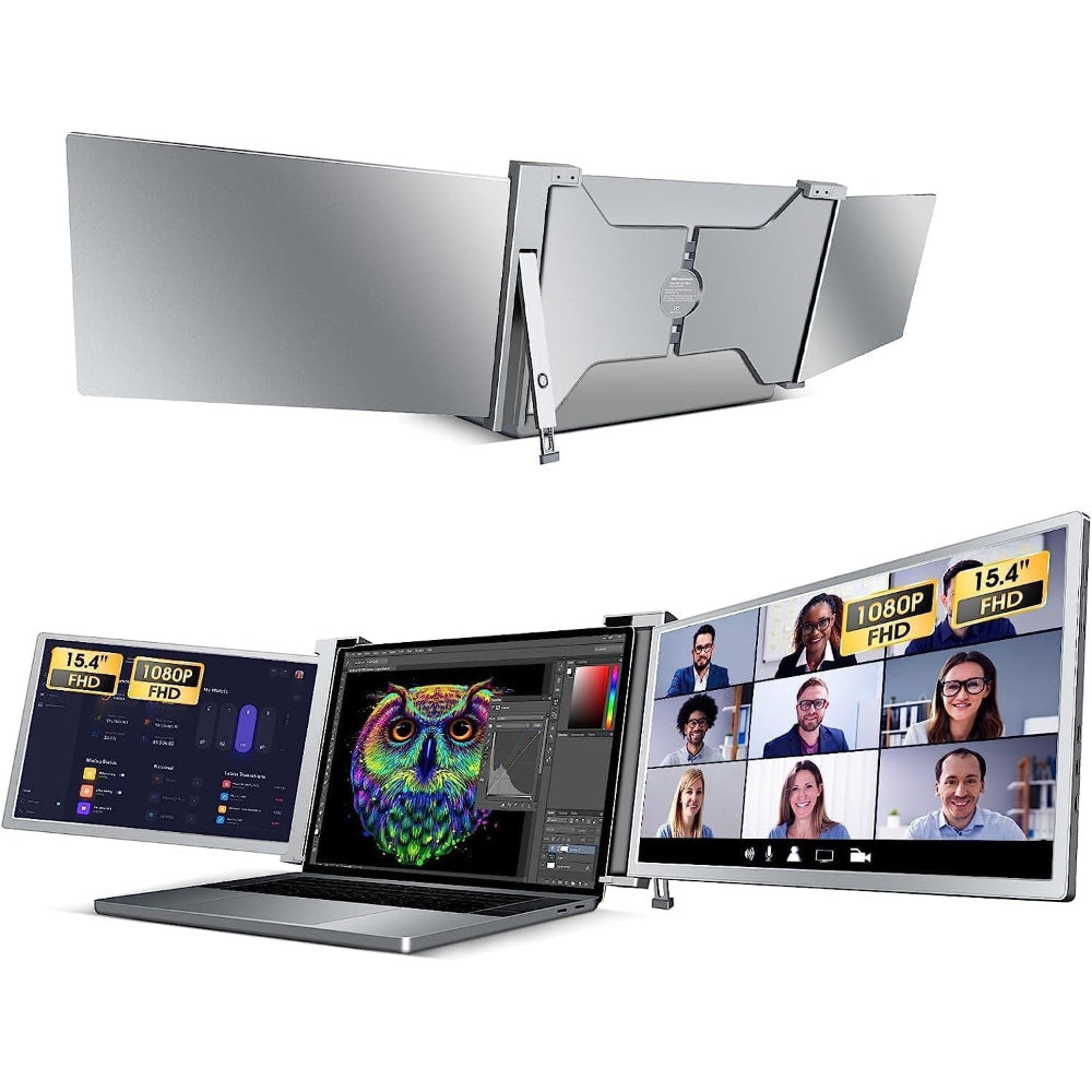 Folded 15.4 inch Trifold Portable Monitor lying next to a closed laptop to highlight compact Space Grey design.