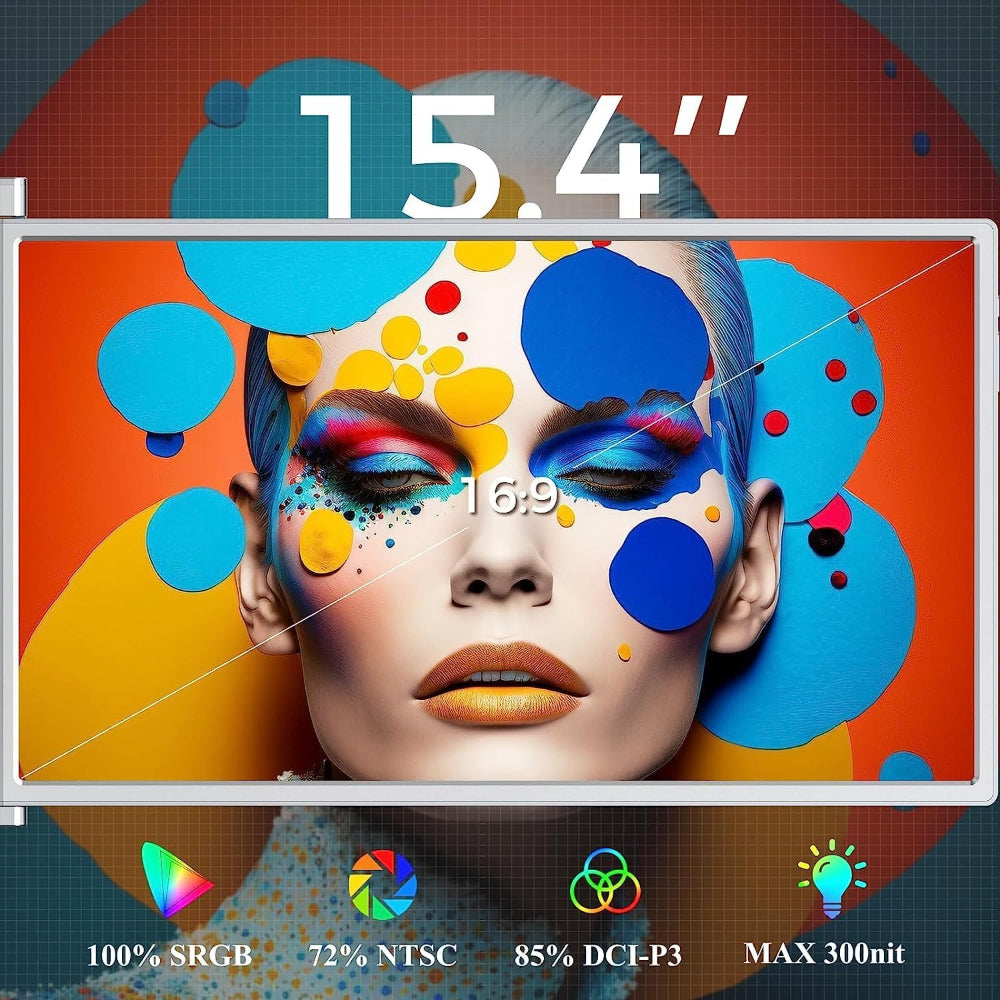 Work‑from‑home desk setup featuring 15.4 inch Trifold monitor, wireless keyboard, mouse and notepad.