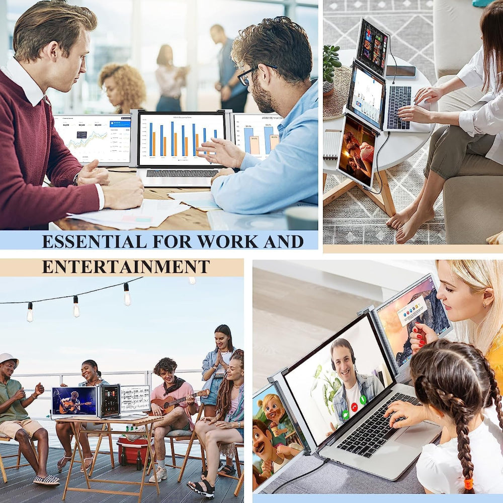 15.4 inch Trifold Portable Monitor used for video editing with the timeline on one side panel and preview window on the other.