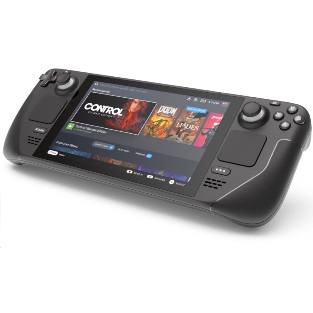 Close‑up of the rear grip buttons and textured back of the Steam Deck OLED.​

