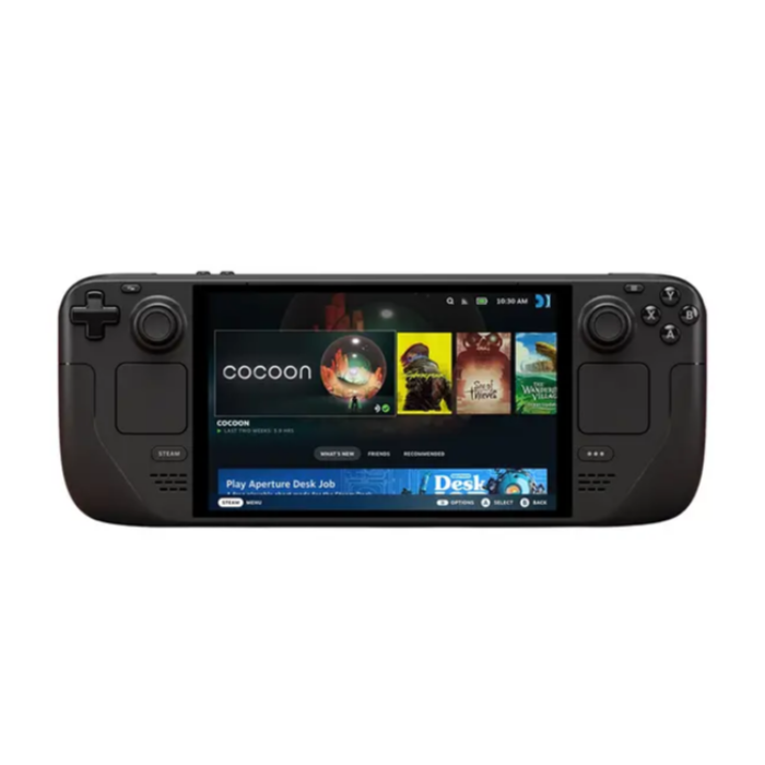Side profile of Steam Deck OLED showing thickness, vents and ergonomic grip design.